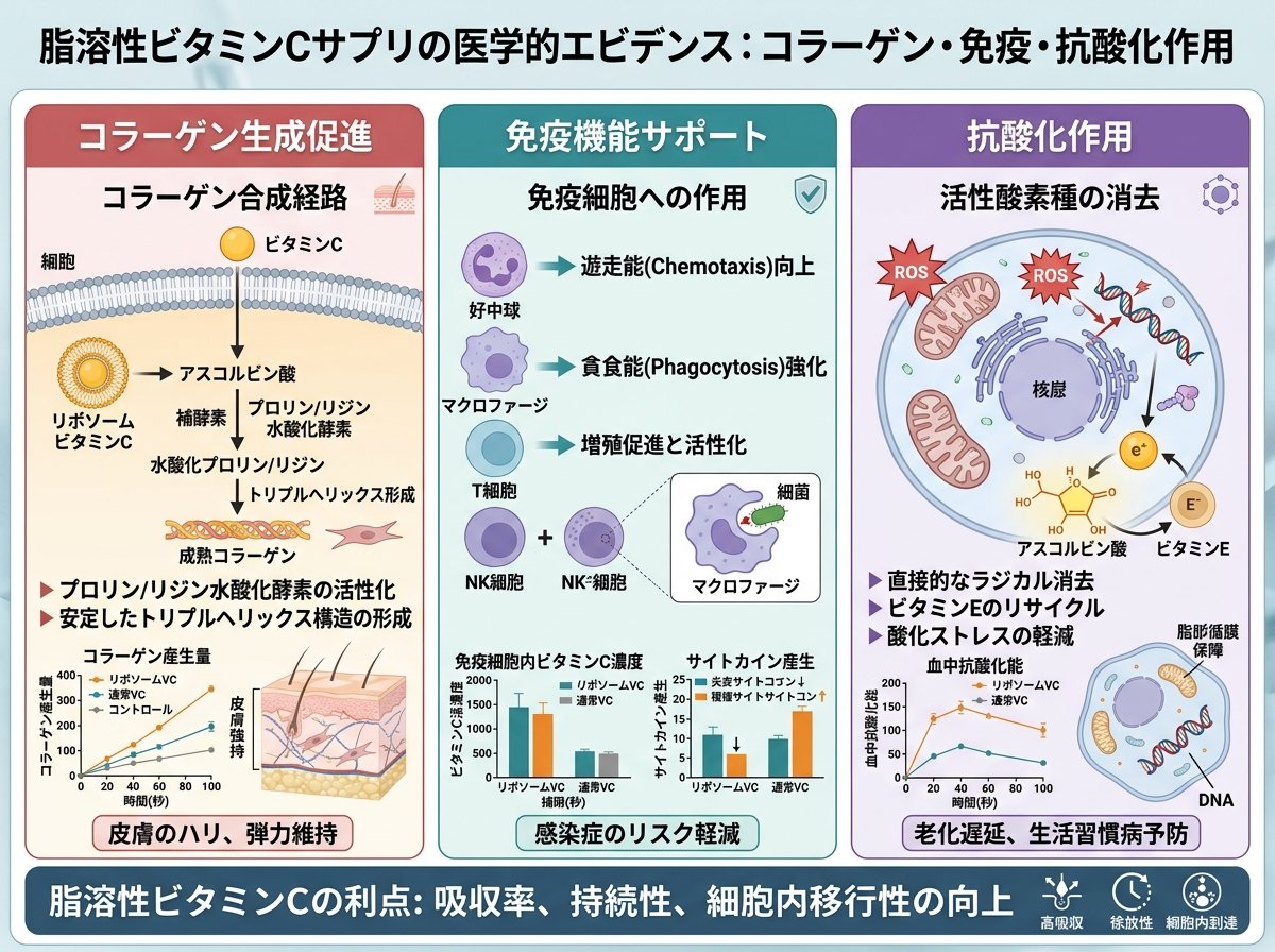 脂溶性ビタミンCサプリの医学的エビデンス:コラーゲン・免疫・抗酸化作用