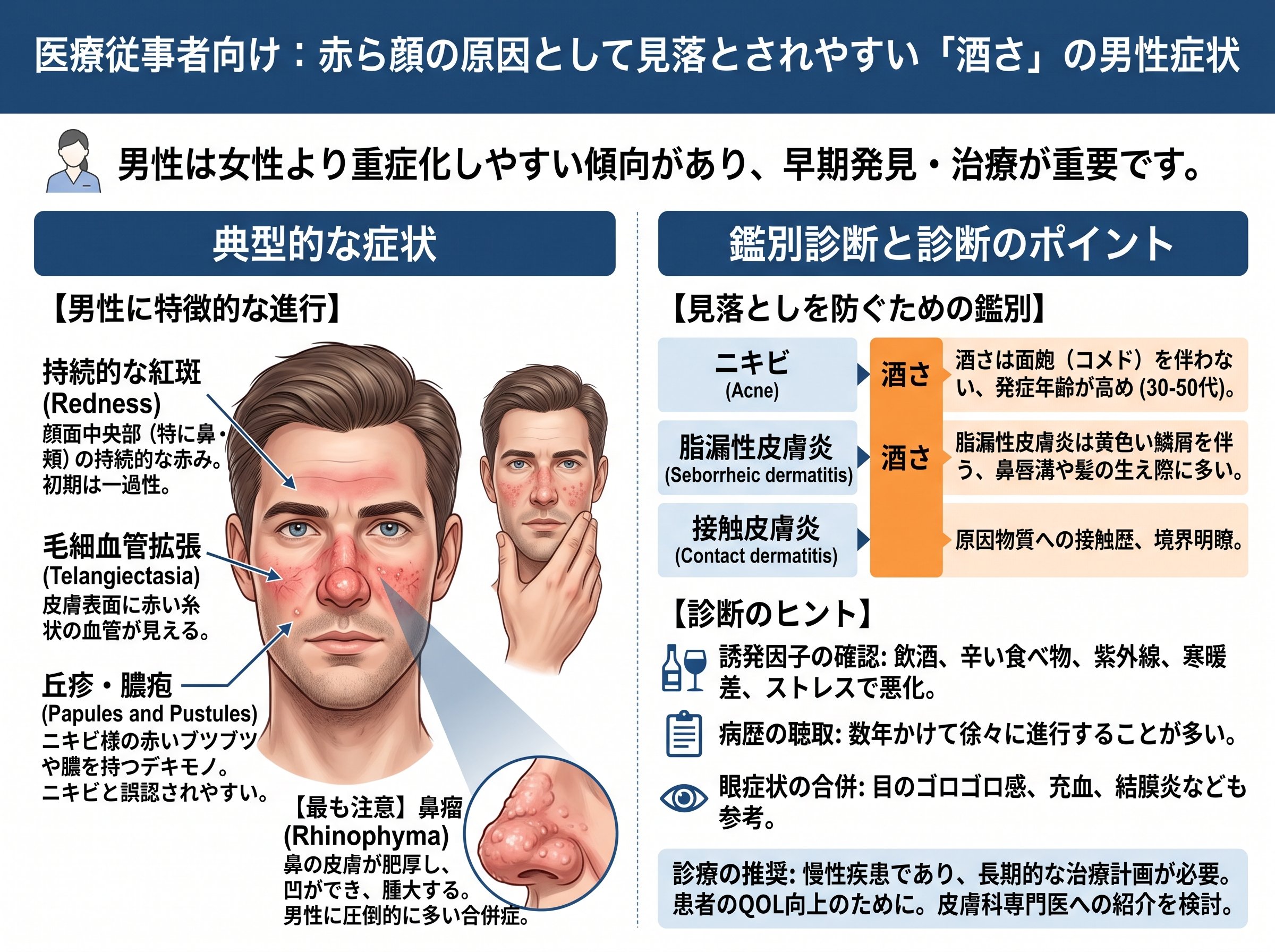 赤ら顔の原因として最も見落とされやすい「酒さ」の男性症状