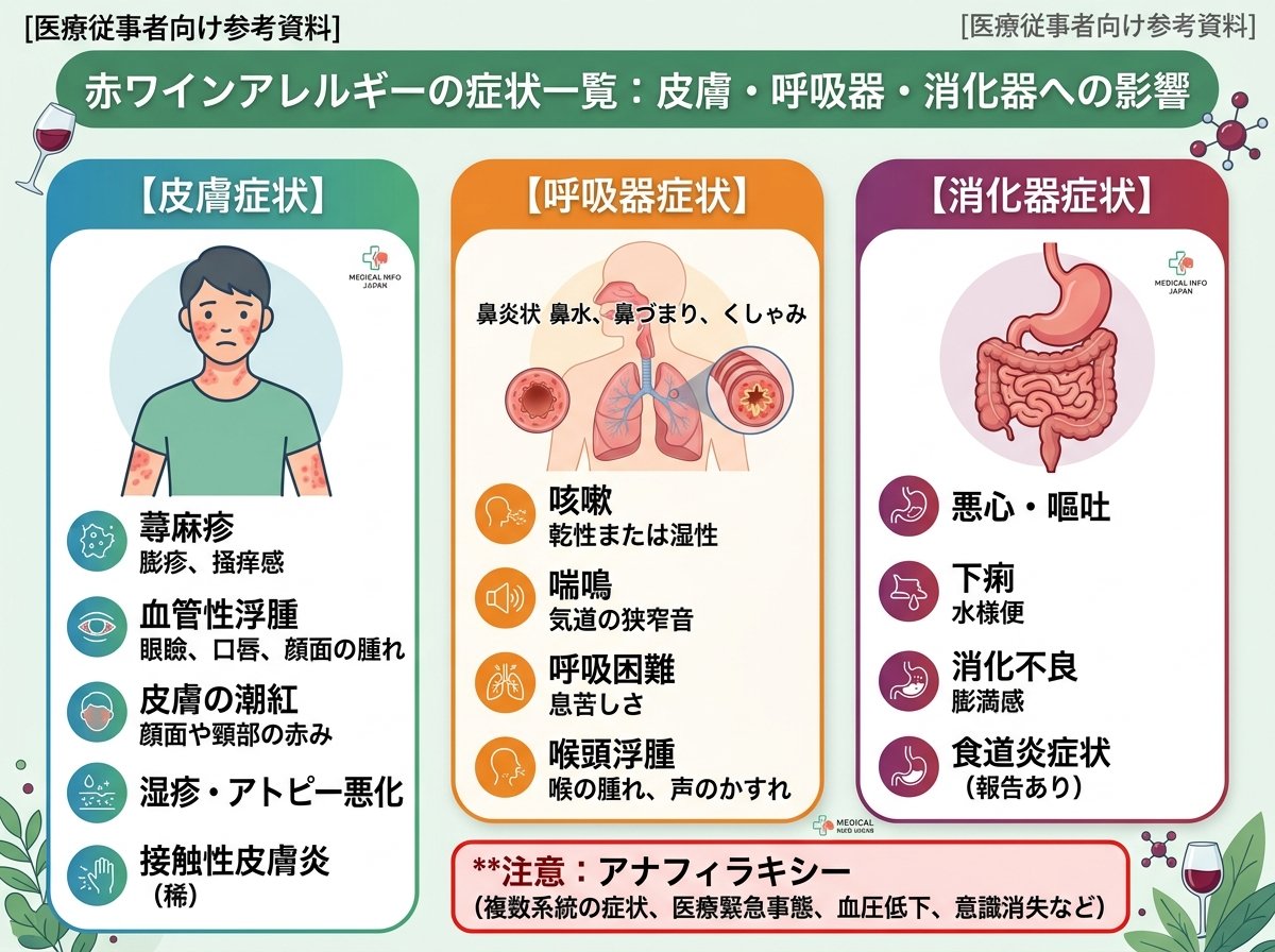 赤ワインアレルギーの症状一覧：皮膚・呼吸器・消化器への影響