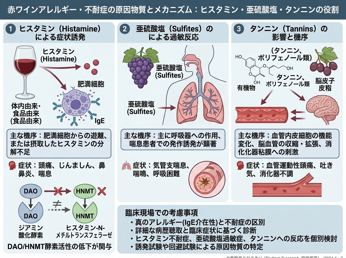 赤ワインアレルギーの原因物質：ヒスタミン・亜硫酸塩・タンニンの役割