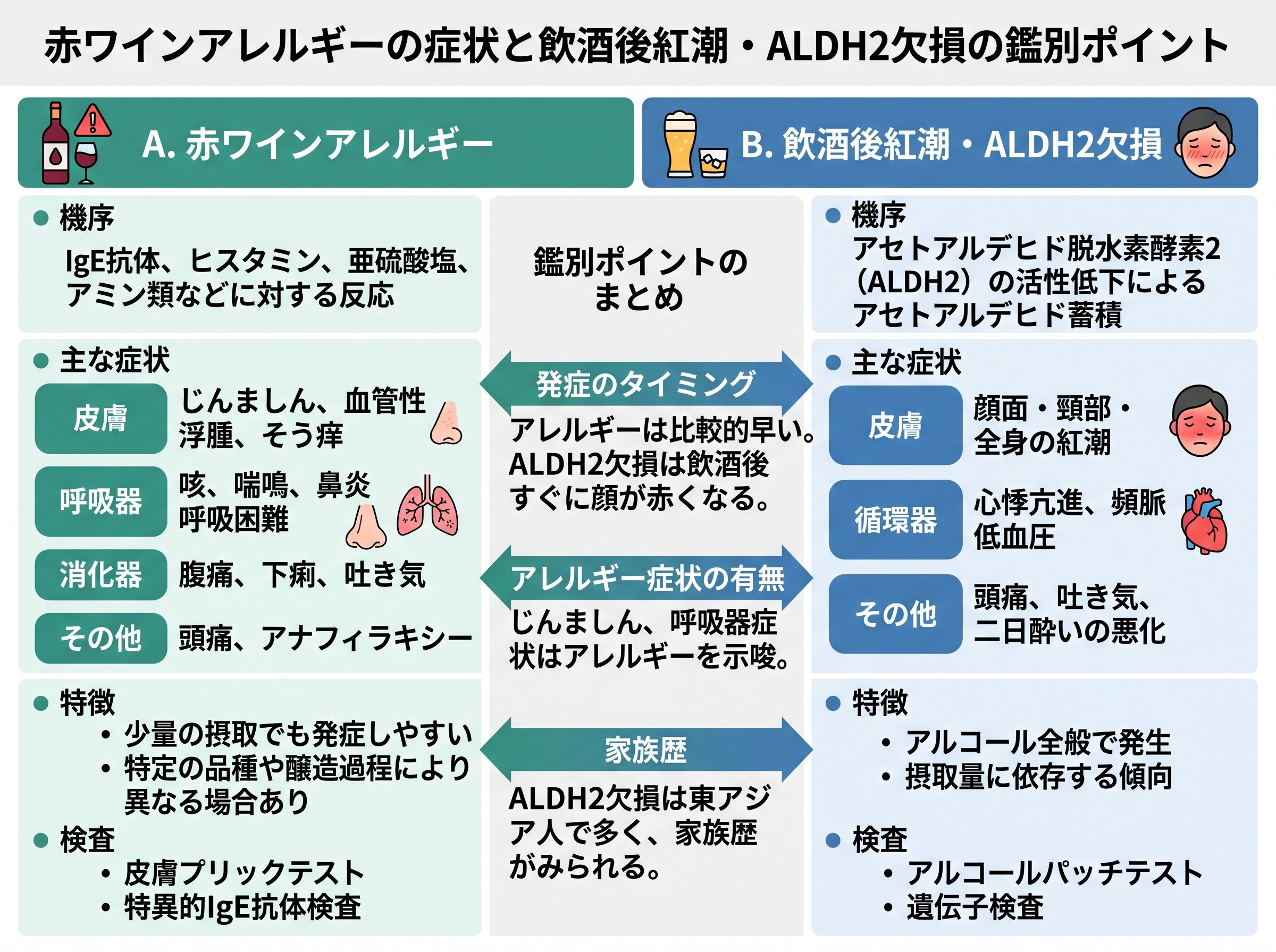赤ワインアレルギーの症状と飲酒後紅潮・ALDH2欠損の鑑別ポイント