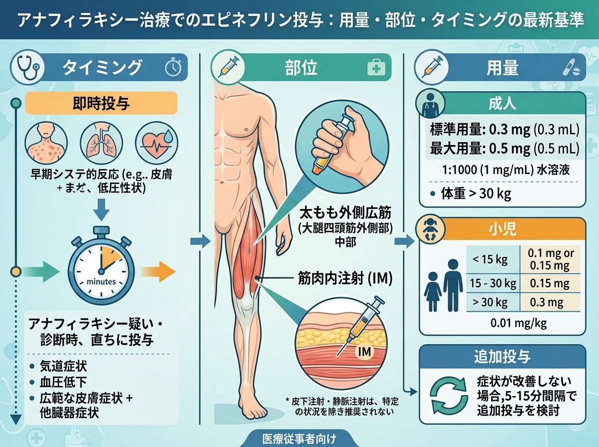 アナフィラキシー治療でのエピネフリン投与：用量・部位・タイミングの最新基準