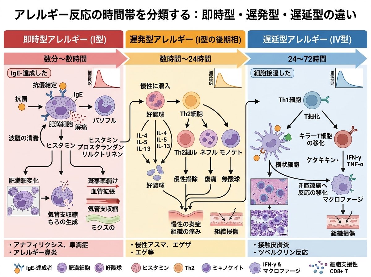 アレルギー反応の時間帯を分類する:即時型・遅発型・遅延型の違い