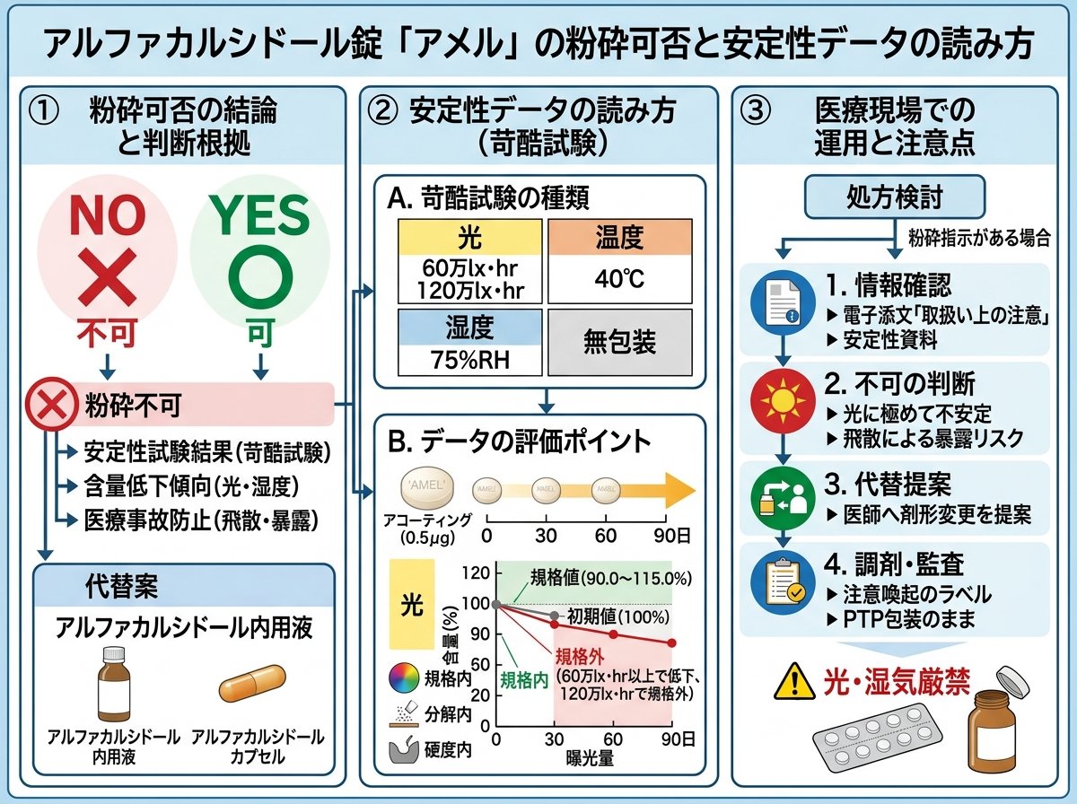 アルファカルシドール錠「アメル」の粉砕可否と安定性データの読み方