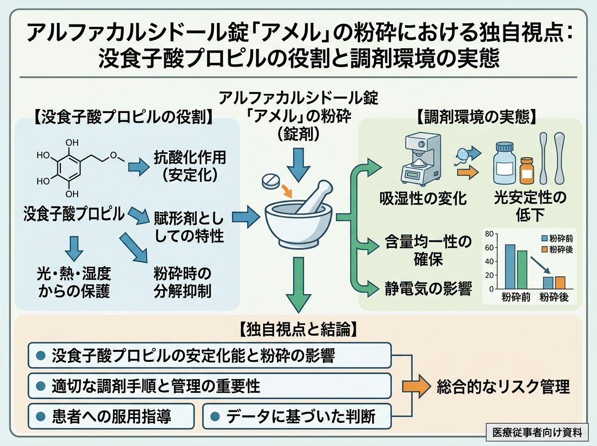 アルファカルシドール錠「アメル」の粉砕における独自視点:没食子酸プロピルの役割と調剤環境の実態
