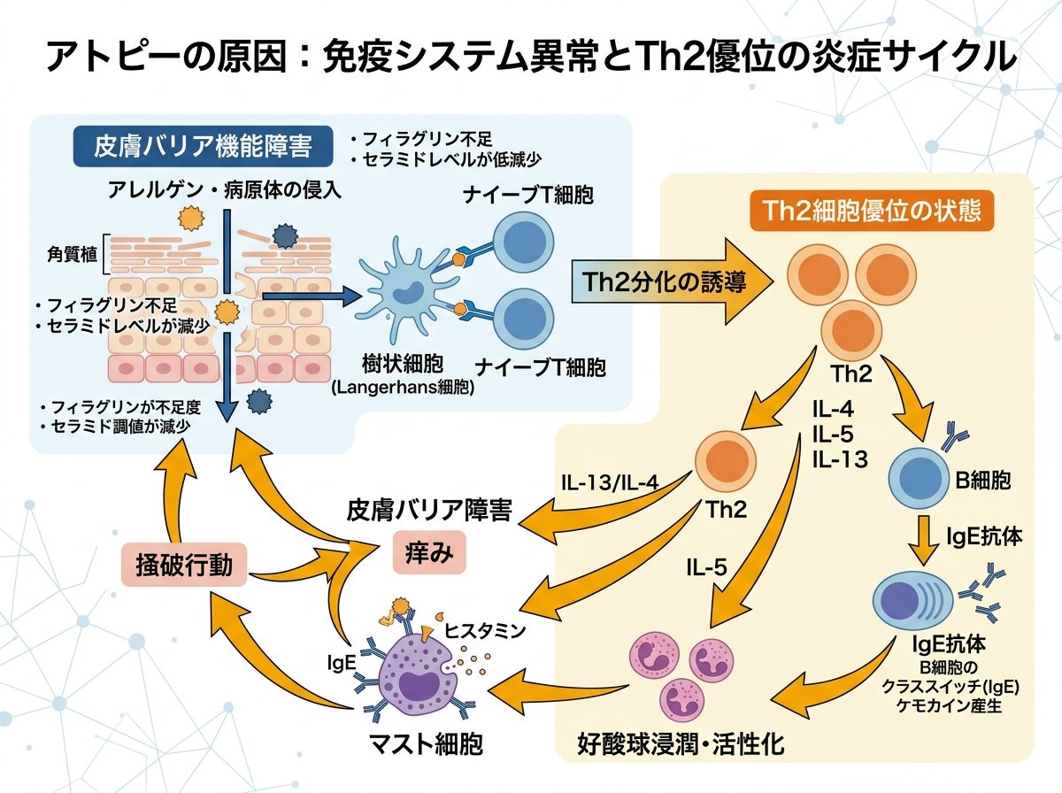 アトピーの原因:免疫システム異常とTh2優位の炎症サイクル