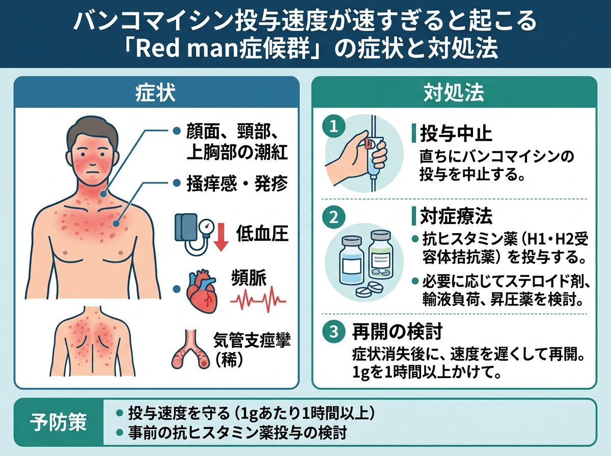 バンコマイシン投与速度が速すぎると起こるRed man症候群の症状と対処法