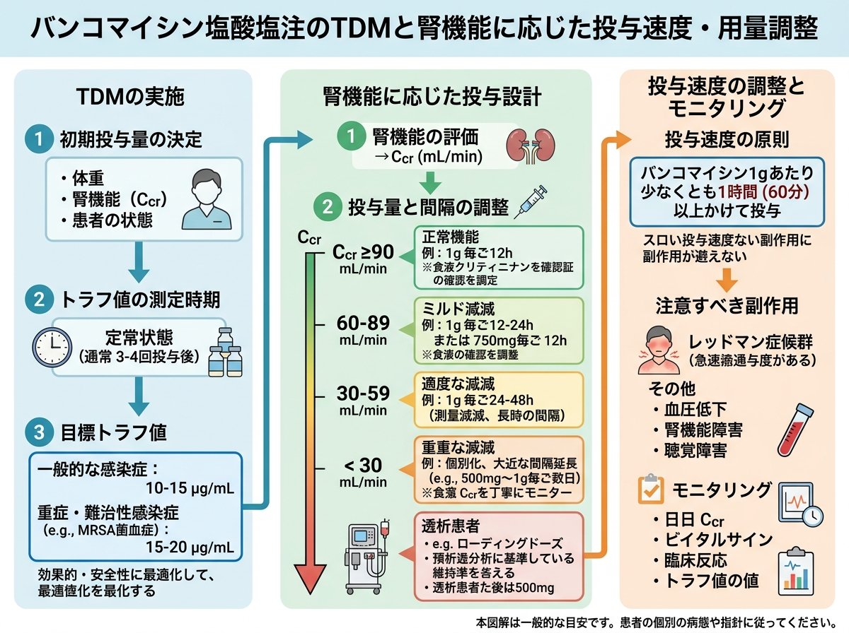 バンコマイシン塩酸塩注のTDMと腎機能に応じた投与速度・用量調整