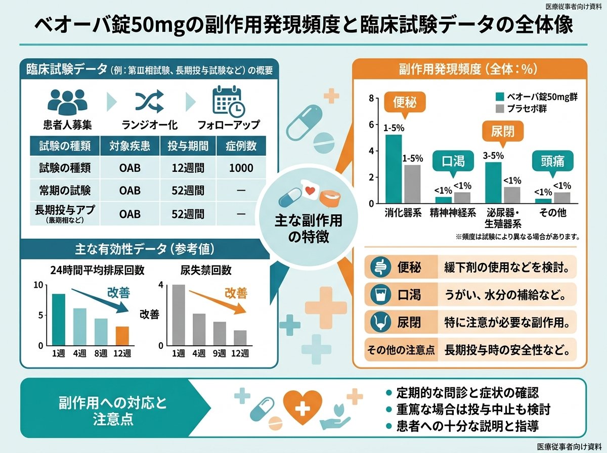 ベオーバ錠50mgの副作用発現頻度と臨床試験データの全体像