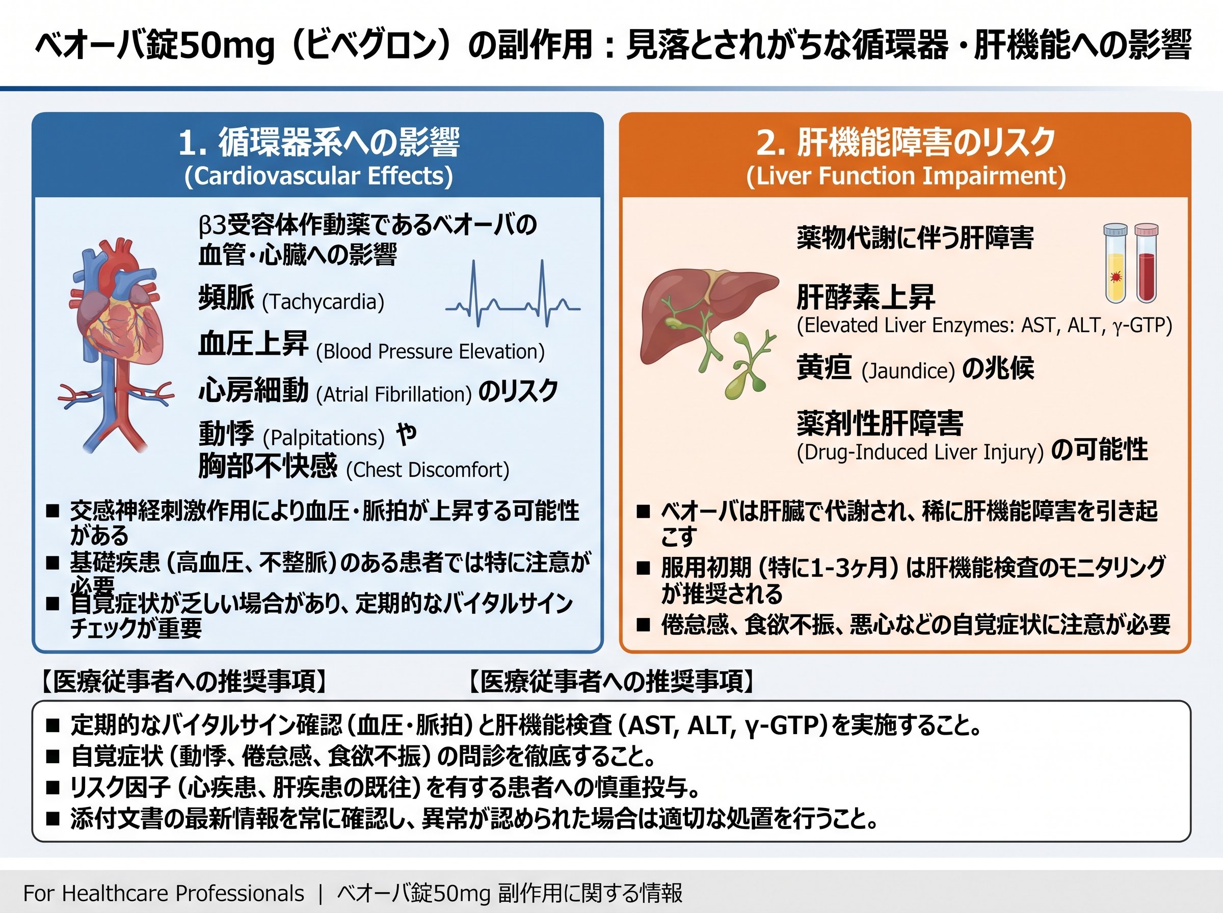 ベオーバ錠50mgの副作用として見落とされがちな循環器・肝機能への影響