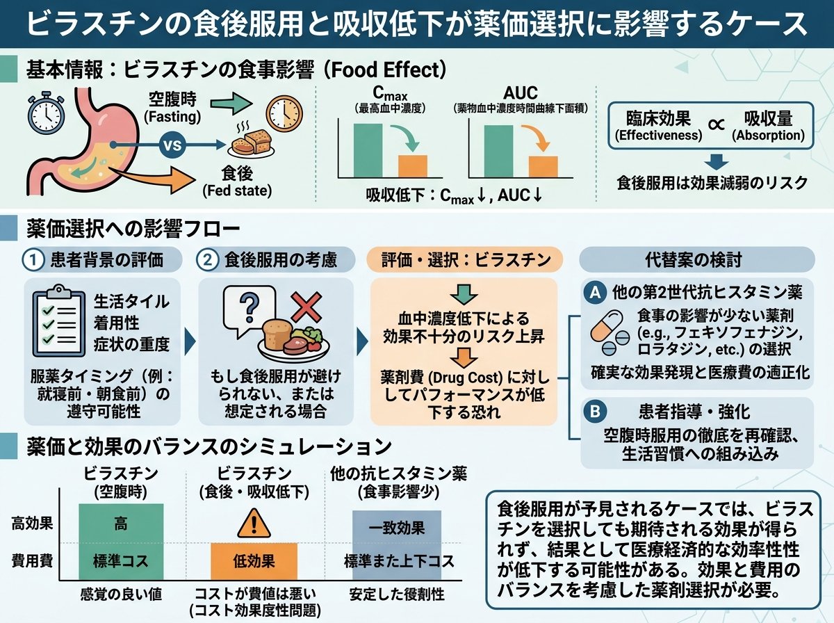 ビラスチンの食後服用と吸収低下が薬価選択に影響するケース