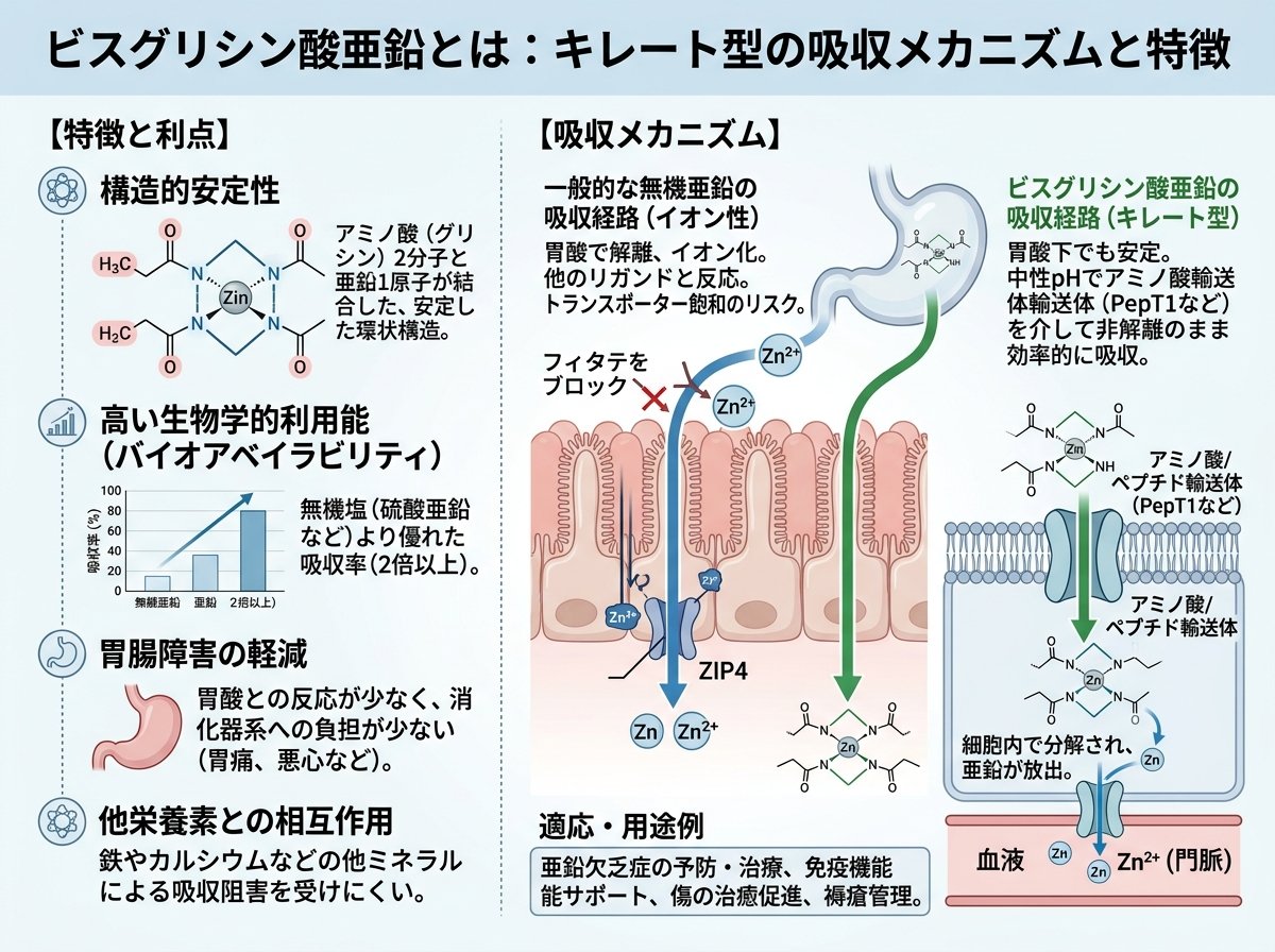 ビスグリシン酸亜鉛とは:キレート型の吸収メカニズムと特徴