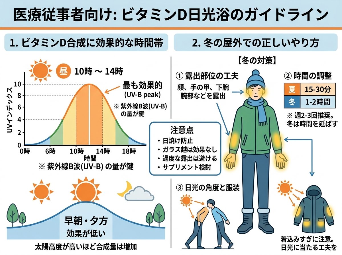 ビタミンD日光浴で効果的な時間帯と冬の屋外での正しいやり方