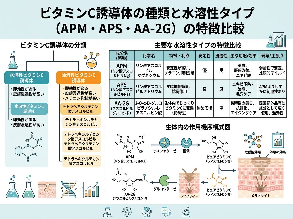 ビタミンC誘導体の種類と水溶性タイプ(APM・APS・AA-2G)の特徴比較