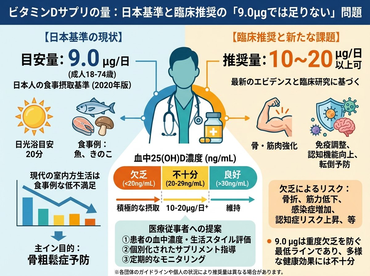 ビタミンDサプリの量:日本基準と臨床推奨の「9.0μgでは足りない」問題