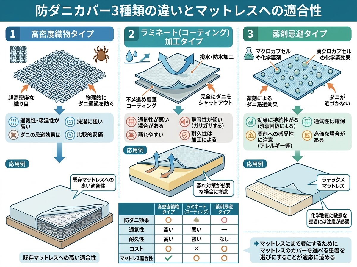 防ダニカバー3種類の違いとマットレスへの適合性