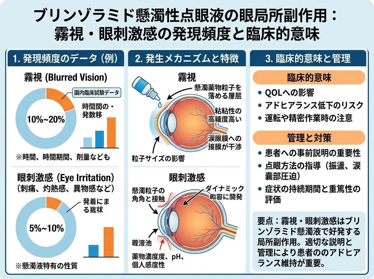 ブリンゾラミド懸濁性点眼液の眼局所副作用：霧視・眼刺激感の発現頻度と臨床的意味