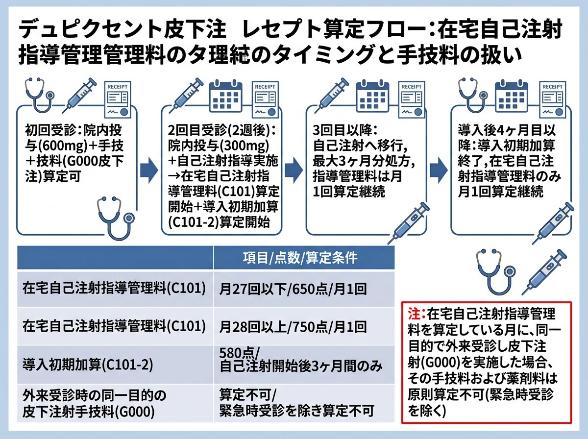 デュピクセント皮下注のレセプト算定:在宅自己注射指導管理料のタイミングと手技料の扱い