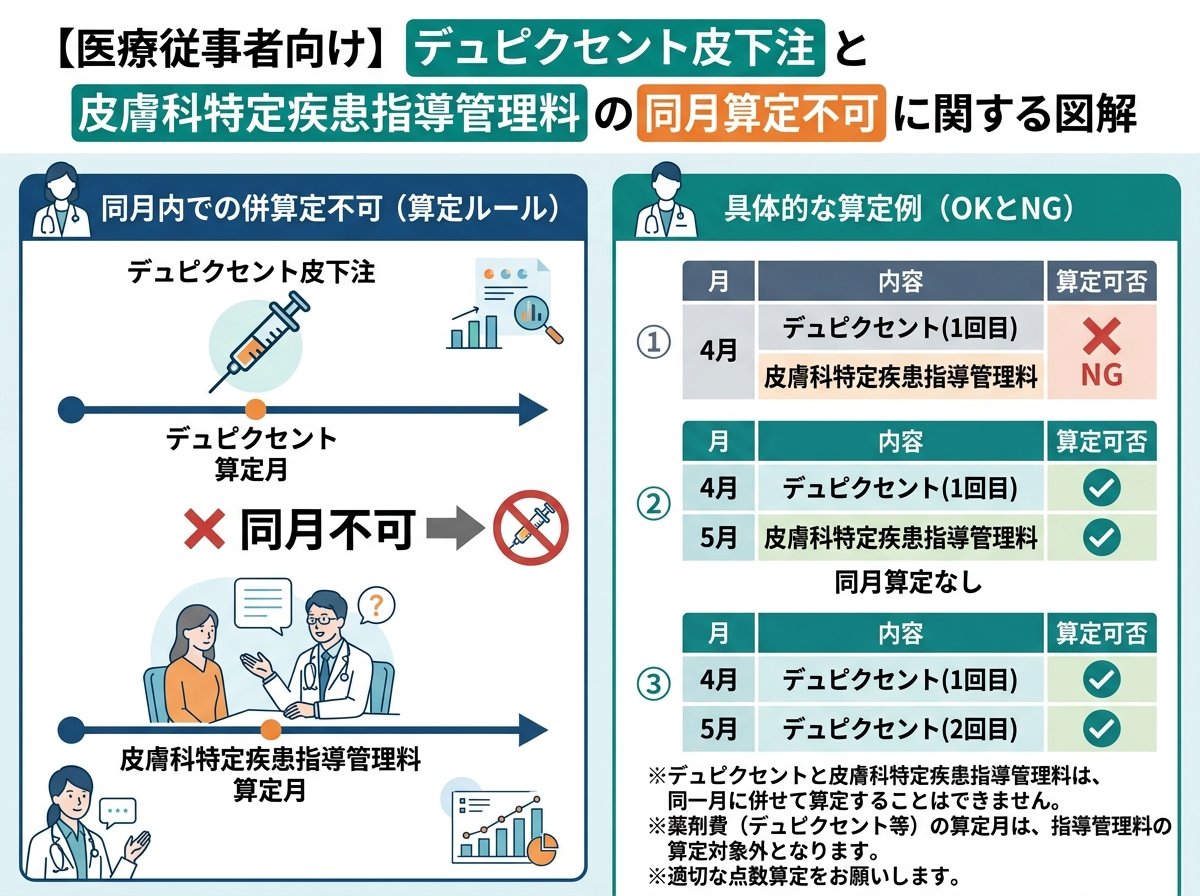 デュピクセント皮下注のレセプトと皮膚科特定疾患指導管理料の同月算定は不可