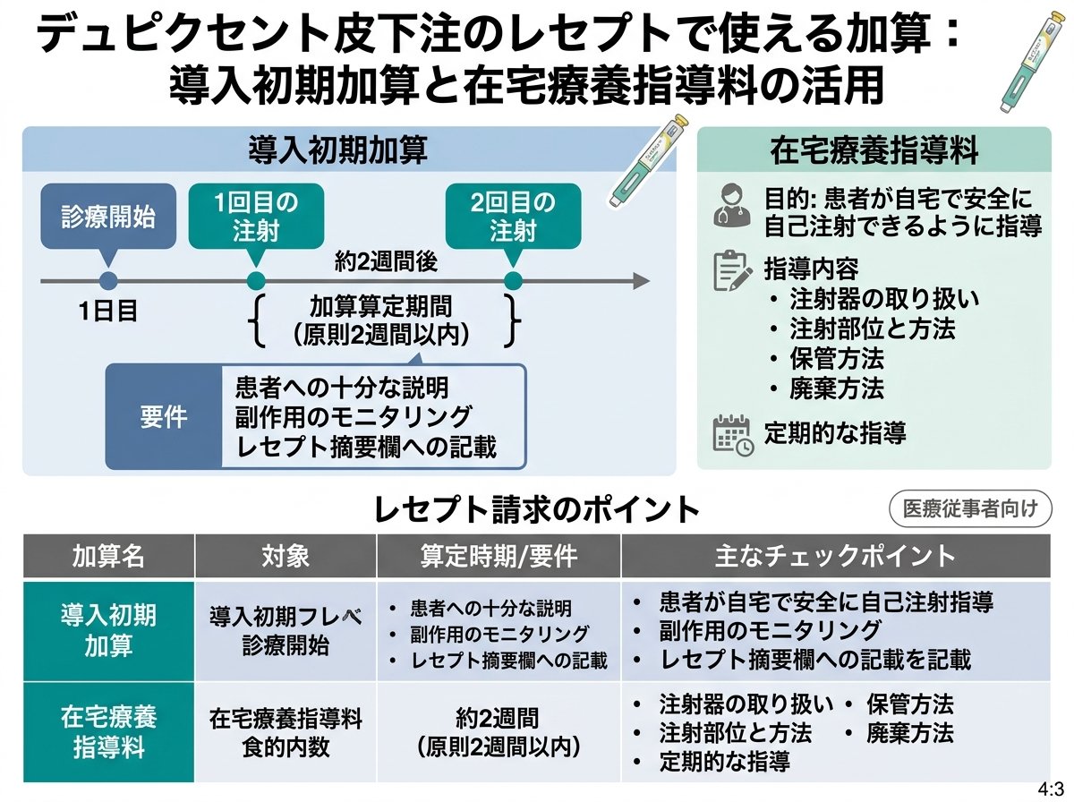 デュピクセント皮下注のレセプトで使える加算：導入初期加算と在宅療養指導料の活用