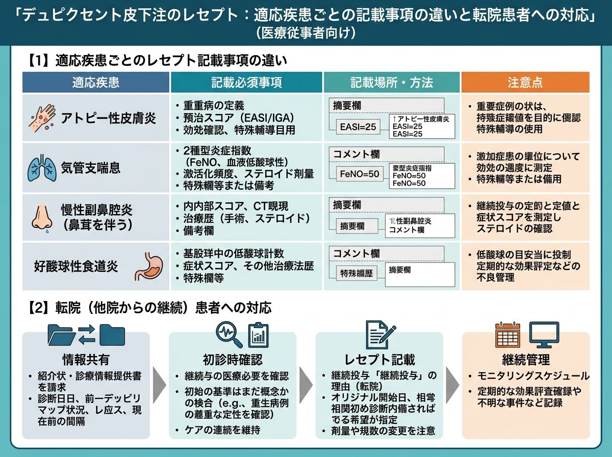 デュピクセント皮下注のレセプト：適応疾患ごとの記載事項の違いと転院患者への対応
