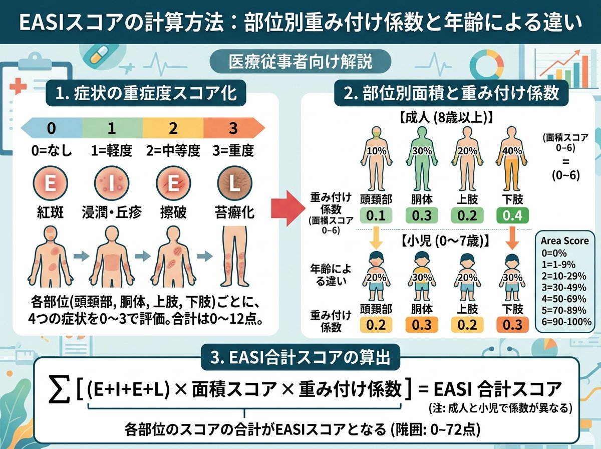 EASIスコアの計算方法:部位別重み付け係数と年齢による違い