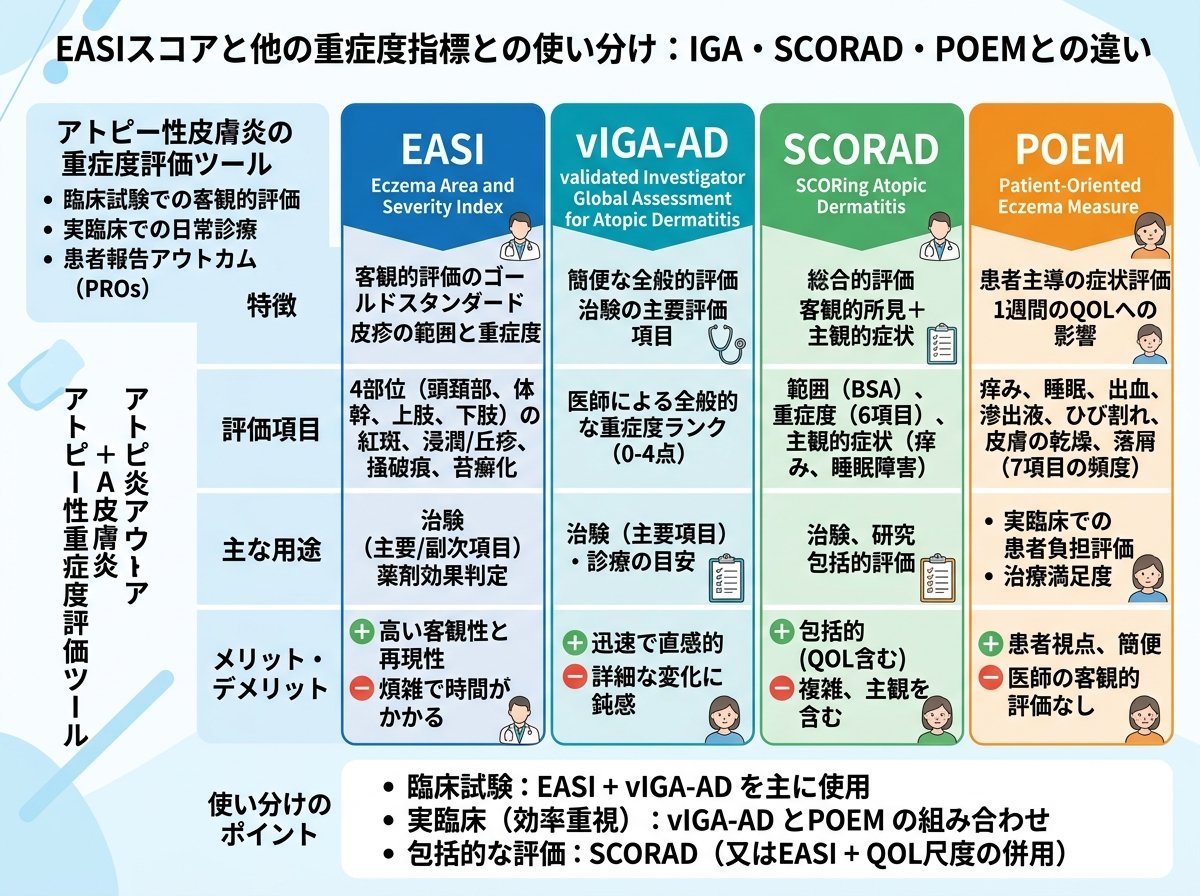 EASIスコアと他の重症度指標との使い分け:IGA・SCORAD・POEMとの違い