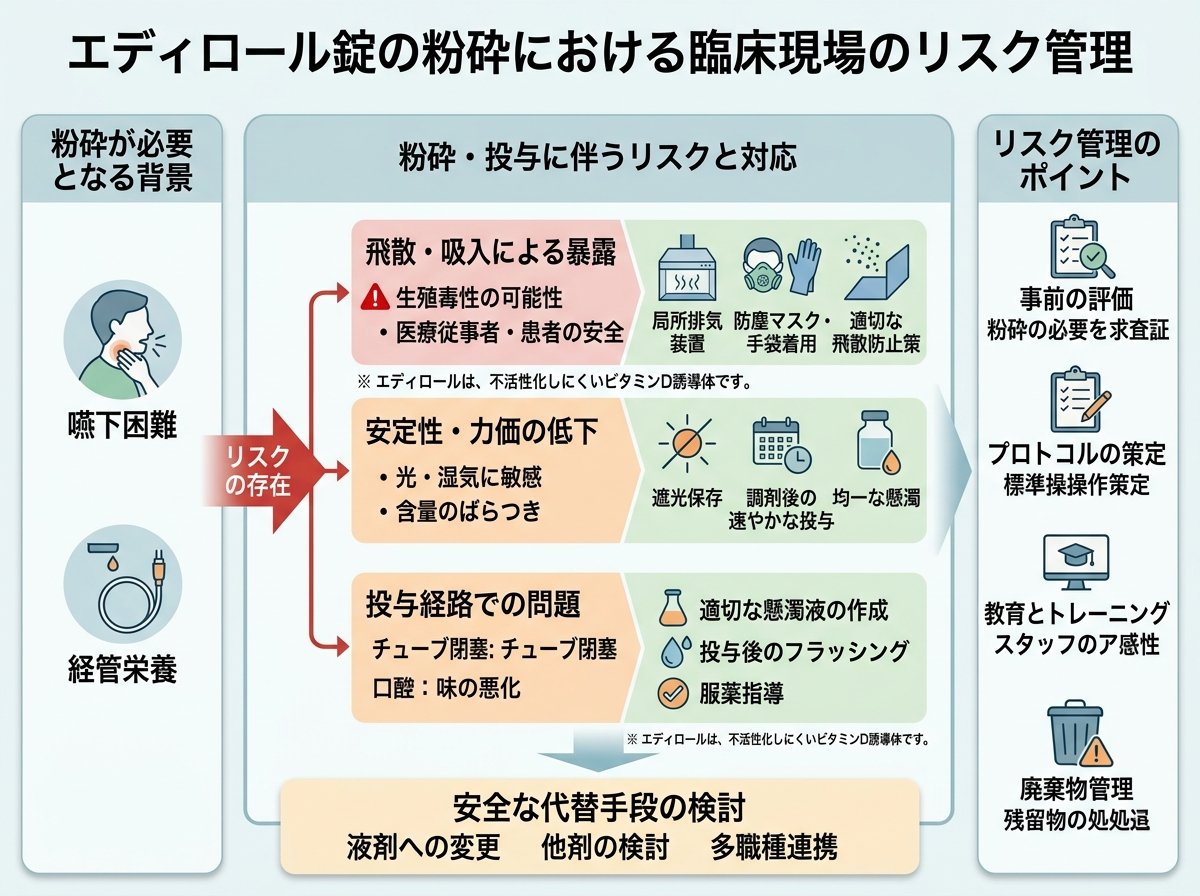 エディロール錠の粉砕が必要になる臨床現場でのリスク管理