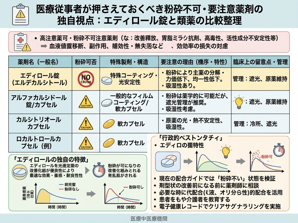 医療従事者が押さえておくべき粉砕不可・要注意薬剤の独自視点：エディロール錠と類薬の比較整理