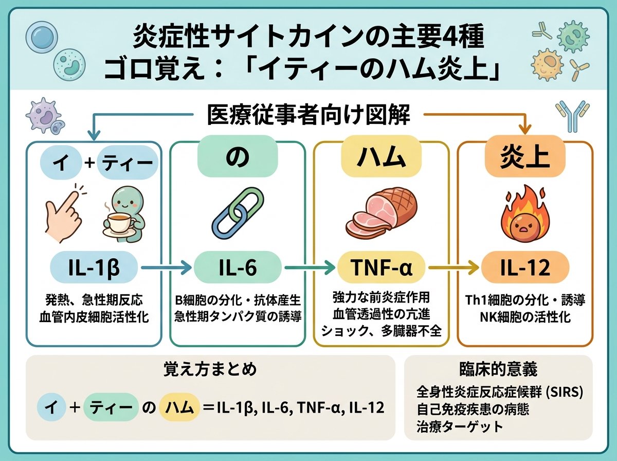 炎症性サイトカインのゴロ:「イティーのハム炎上」で主要4種を覚える