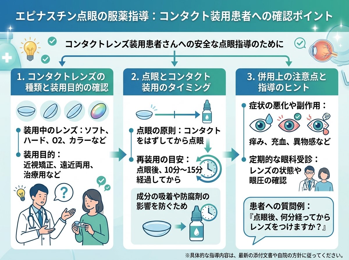 エピナスチン点眼の服薬指導:コンタクト装用患者への確認ポイント