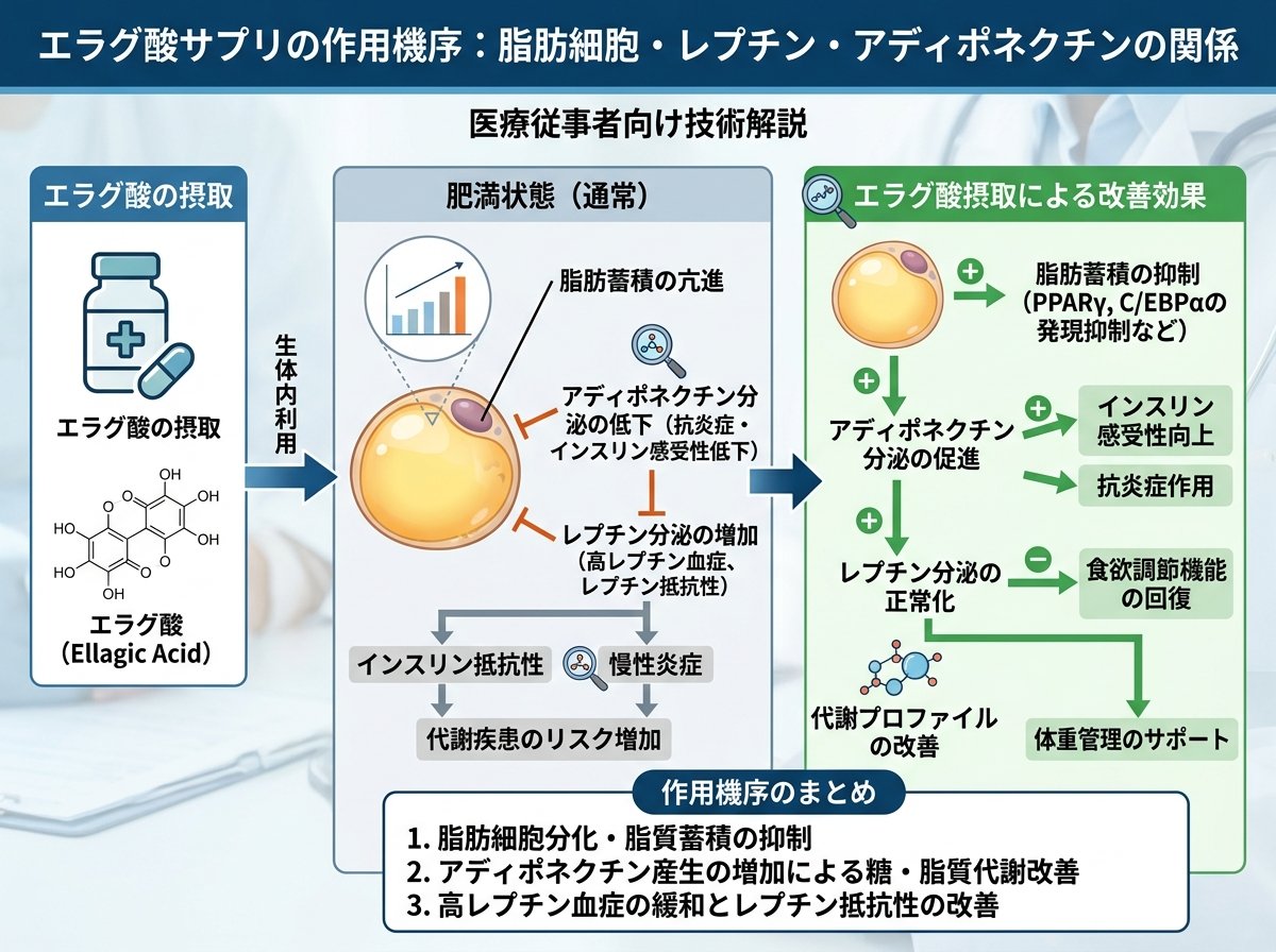 エラグ酸サプリの作用機序：脂肪細胞・レプチン・アディポネクチンの関係