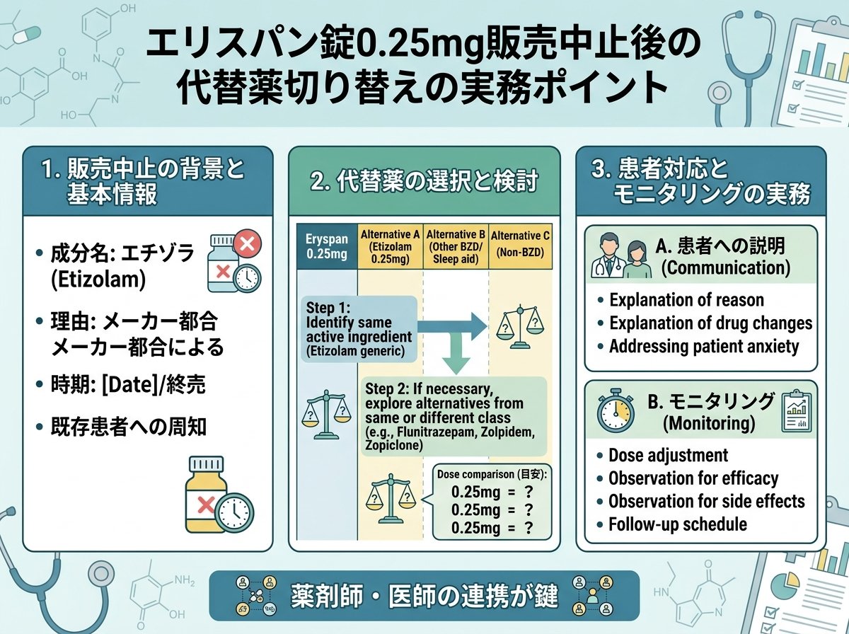 エリスパン錠0.25mg販売中止後の代替薬切り替えの実務ポイント