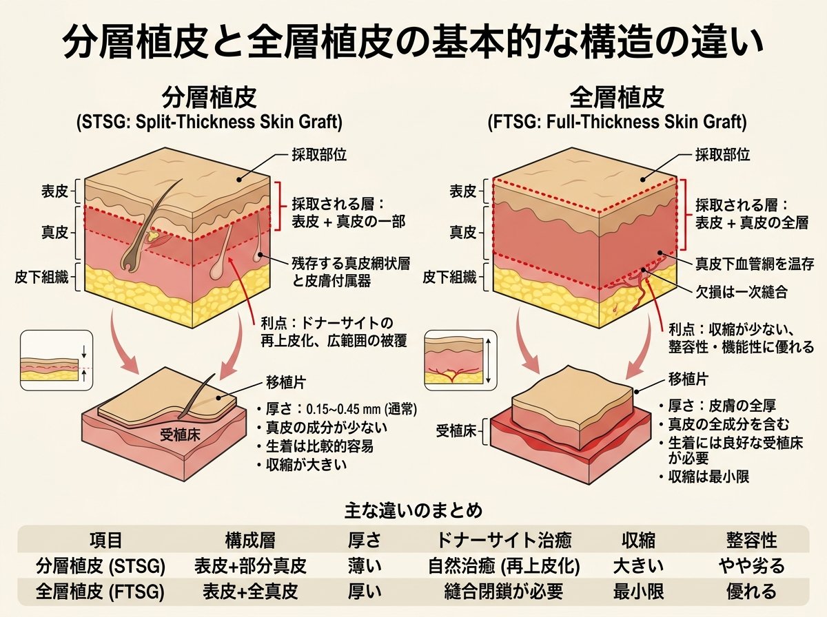 分層植皮と全層植皮の基本的な構造の違い