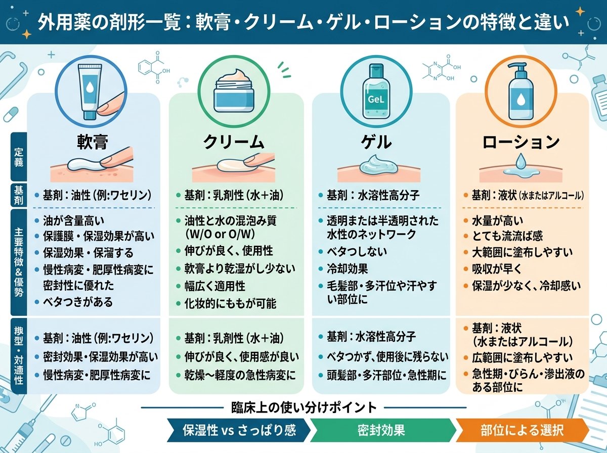 外用薬の剤形一覧:軟膏・クリーム・ゲル・ローションの特徴と違い