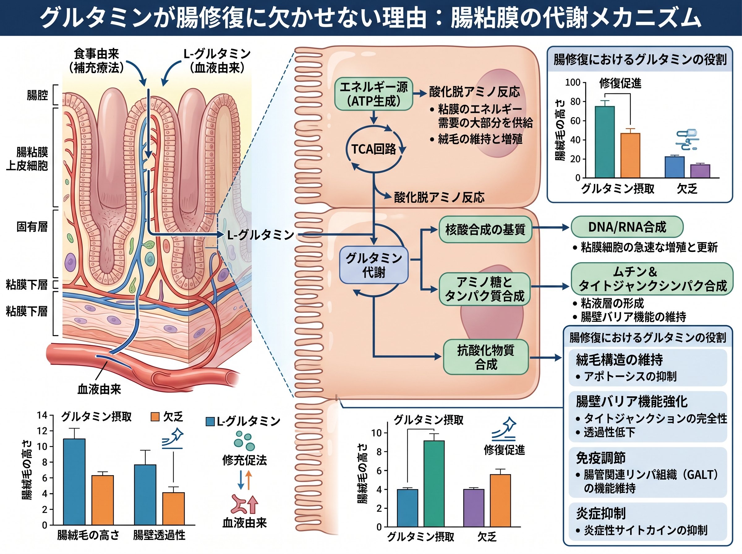 グルタミンが腸修復に欠かせない理由:腸粘膜の代謝メカニズム