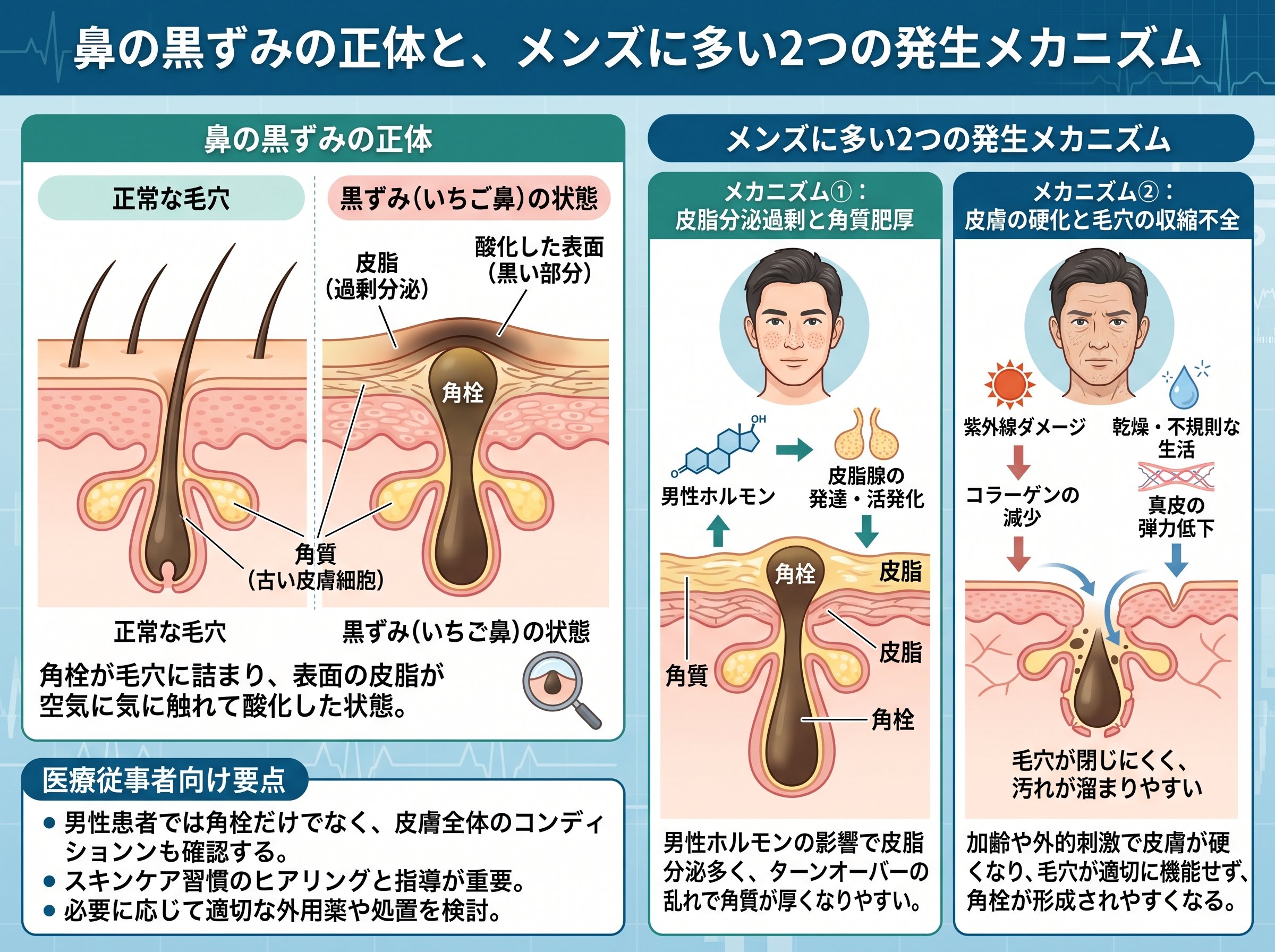 鼻の黒ずみの正体と、メンズに多い2つの発生メカニズム