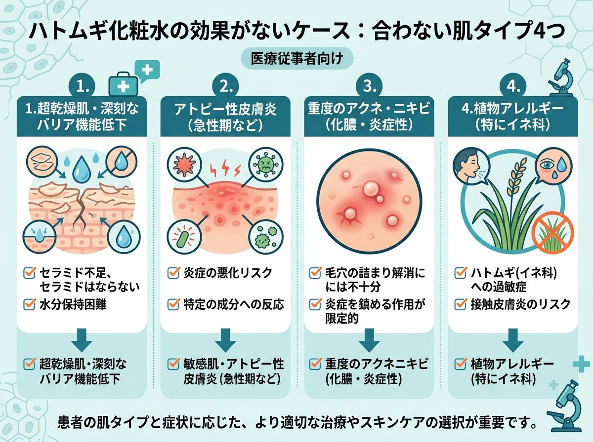 ハトムギ化粧水の効果がないケース：合わない肌タイプ4つ