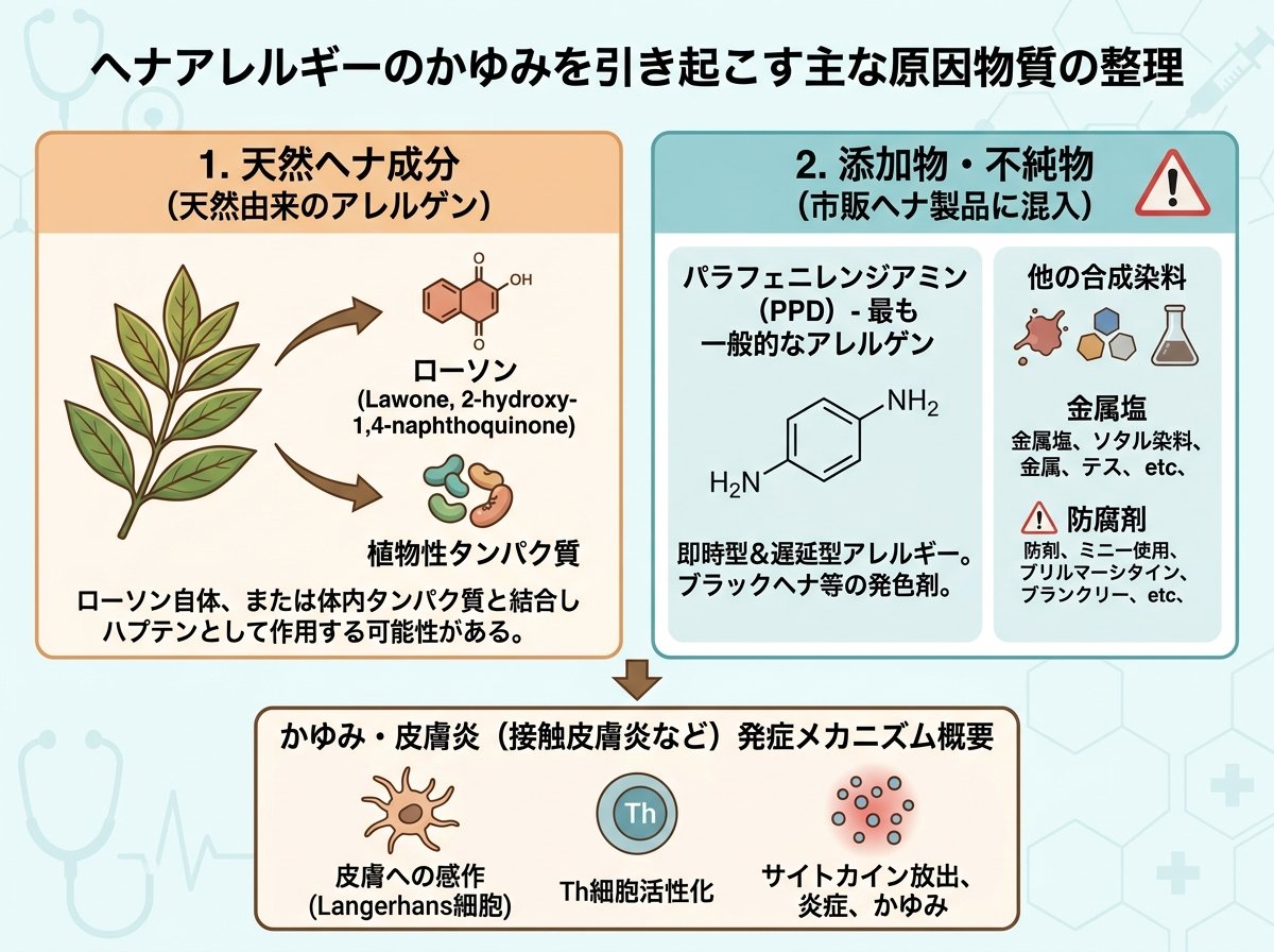 ヘナアレルギーのかゆみを引き起こす主な原因物質の整理