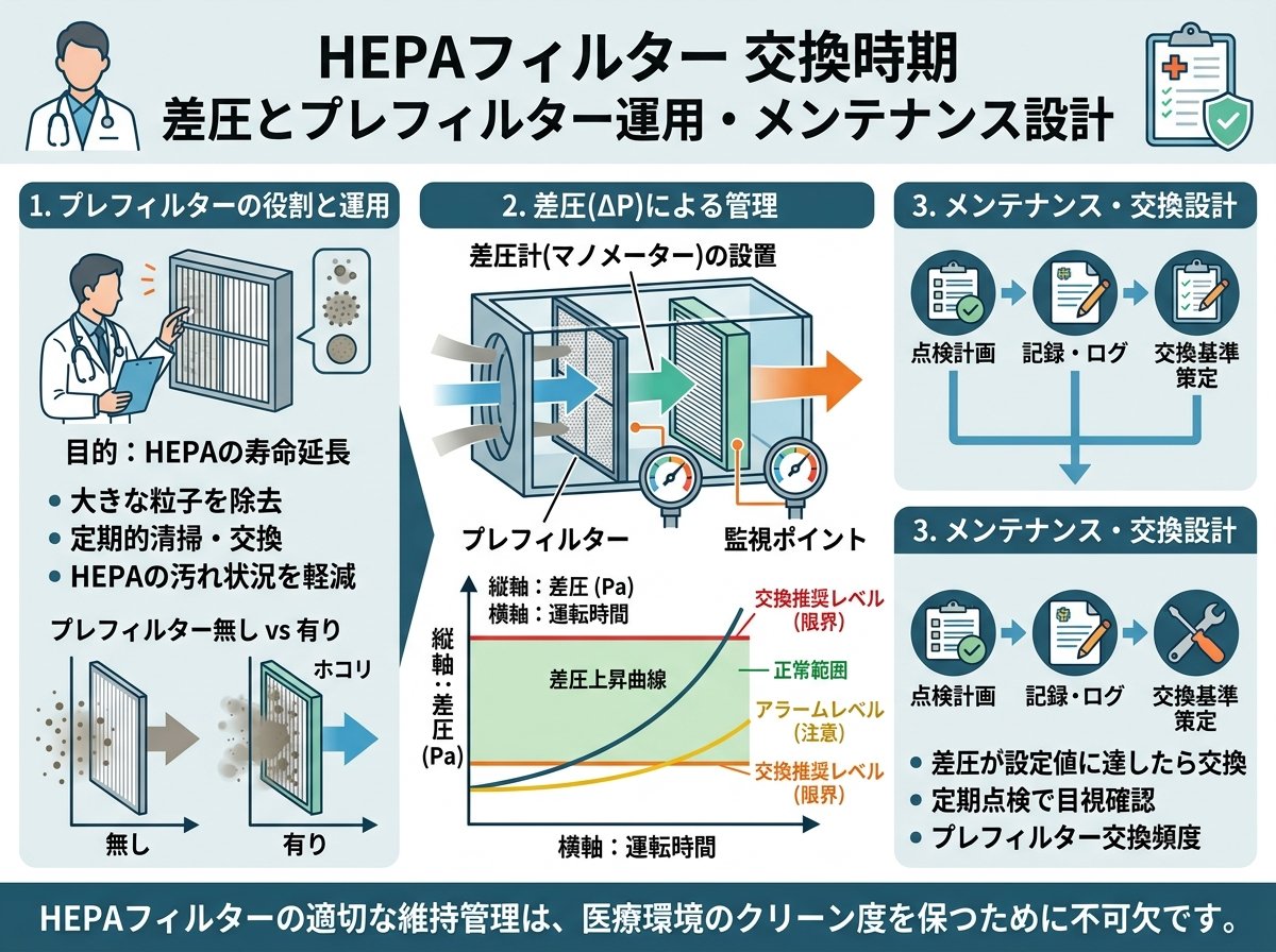 hepaフィルター 交換時期 差圧とプレフィルター運用・メンテナンス設計