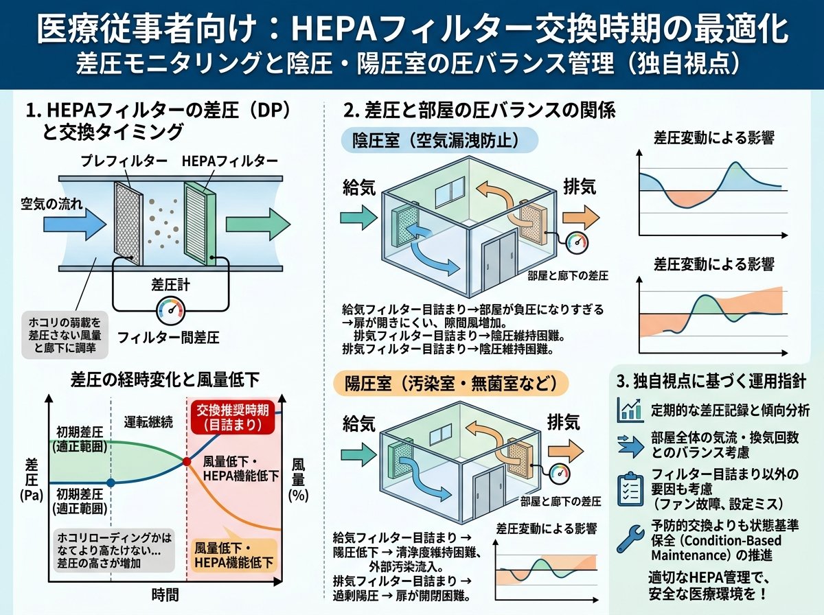 hepaフィルター 交換時期 差圧と陰圧室・陽圧室の圧バランス最適化(独自視点)