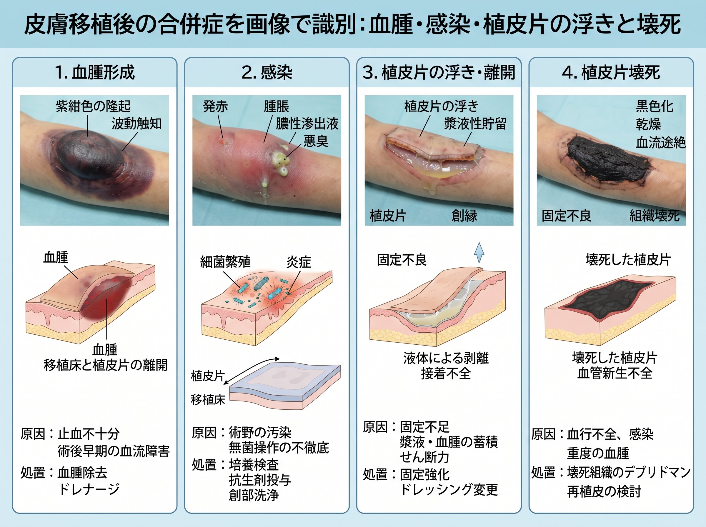 皮膚移植後の合併症を画像で識別:血腫・感染・植皮片の浮きと壊死