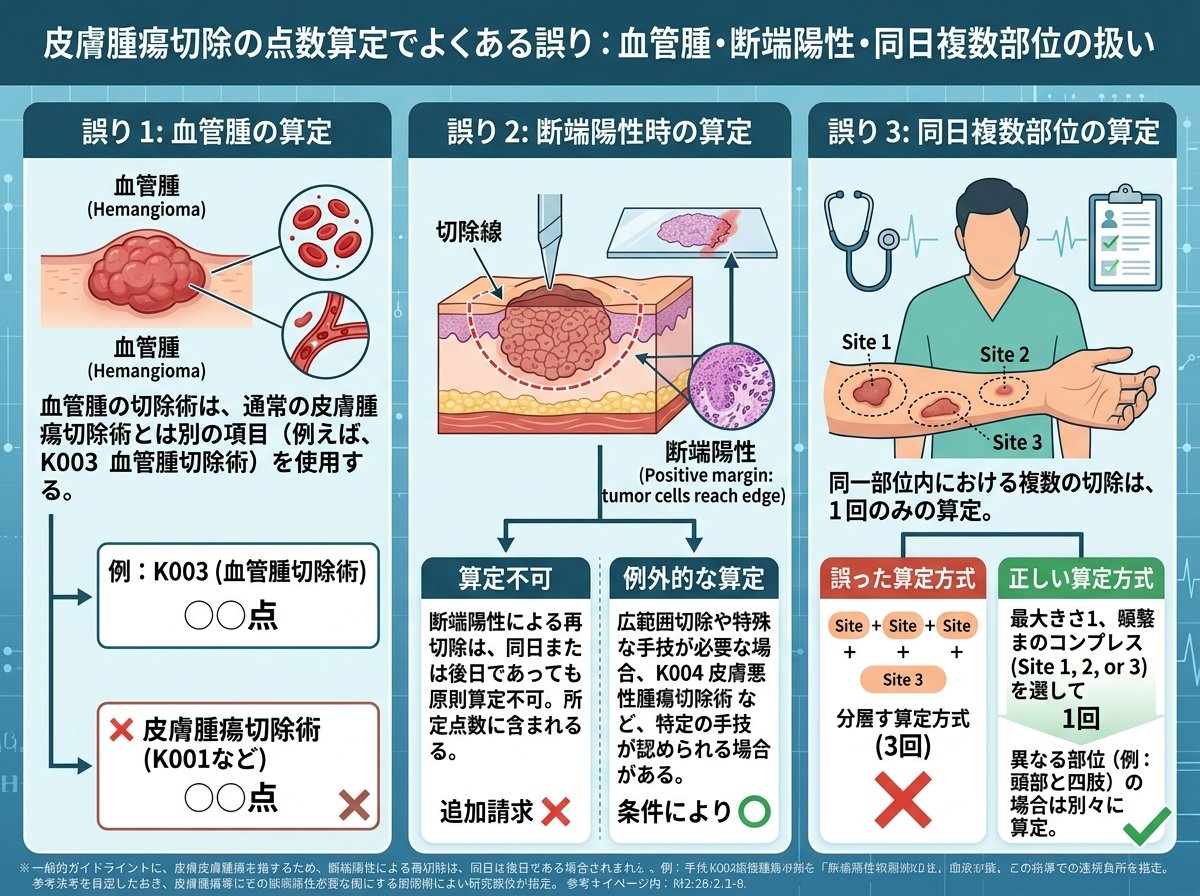 皮膚腫瘍切除の点数算定でよくある誤り：血管腫・断端陽性・同日複数部位の扱い