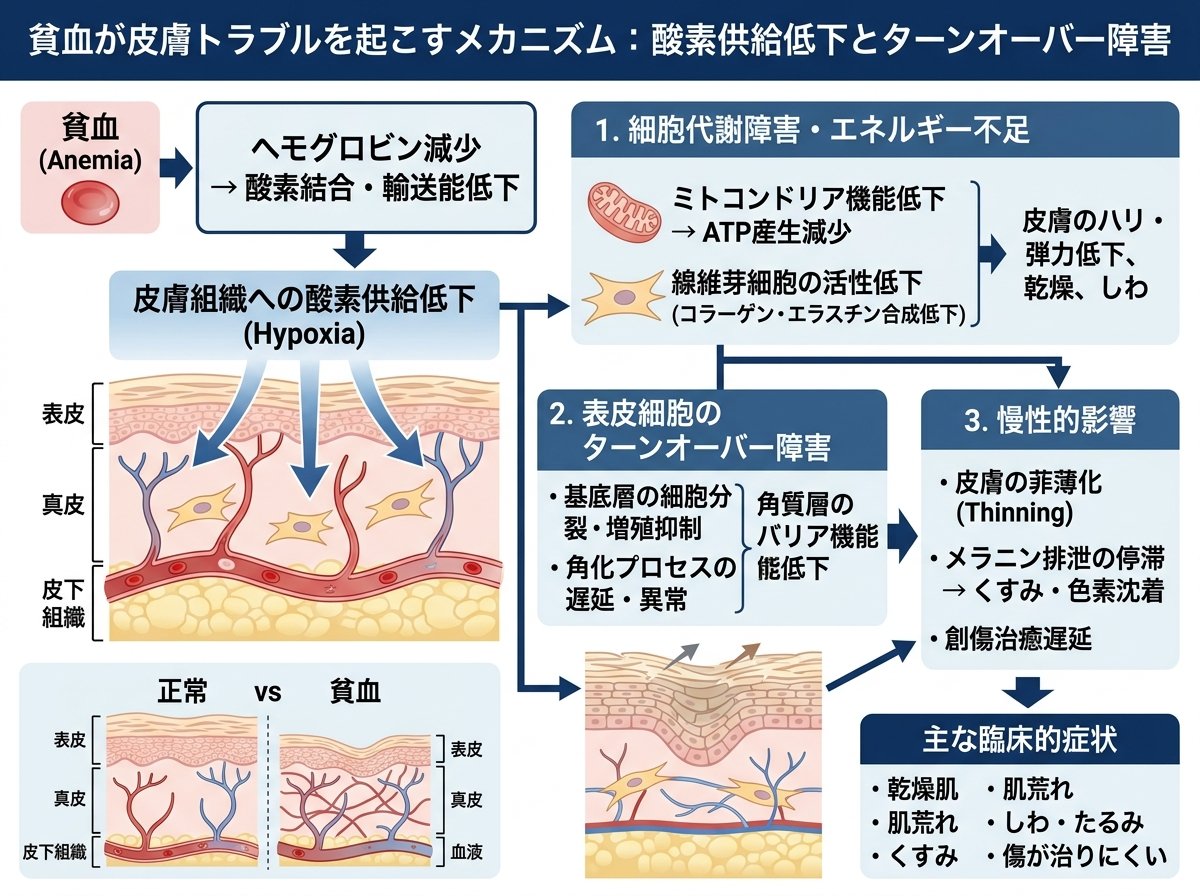 貧血が皮膚トラブルを起こすメカニズム：酸素供給低下とターンオーバー障害