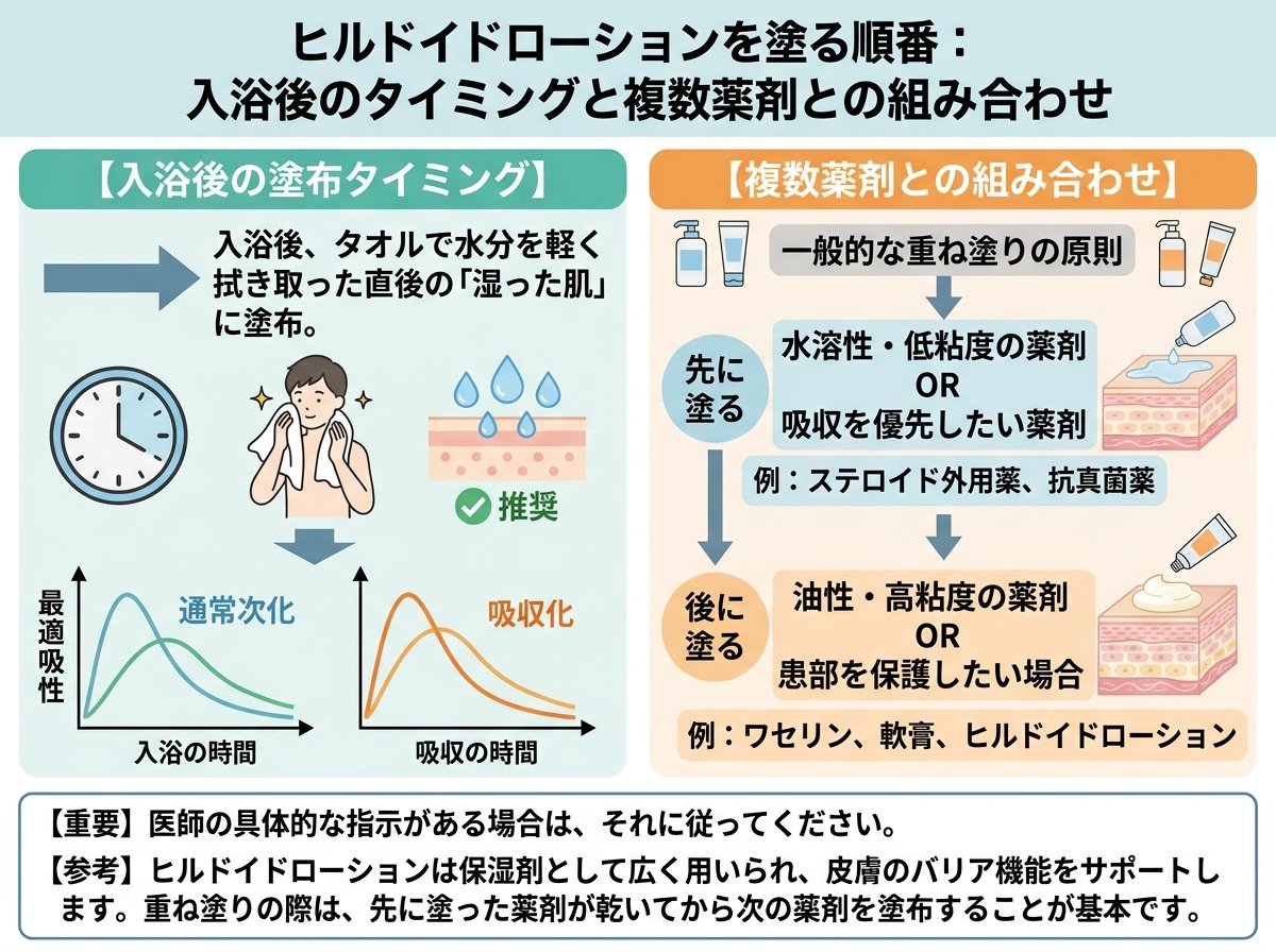 ヒルドイドローションを塗る順番:入浴後のタイミングと複数薬剤との組み合わせ