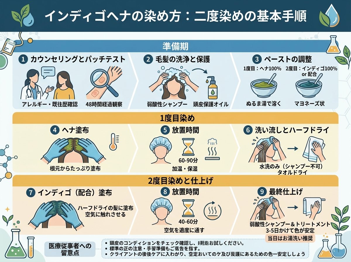 インディゴヘナの染め方:二度染めの基本手順