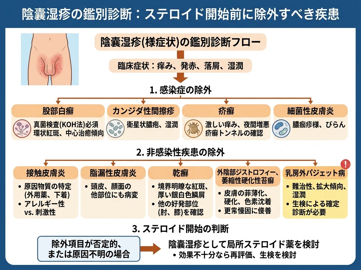 陰嚢湿疹の鑑別診断:ステロイド開始前に除外すべき疾患