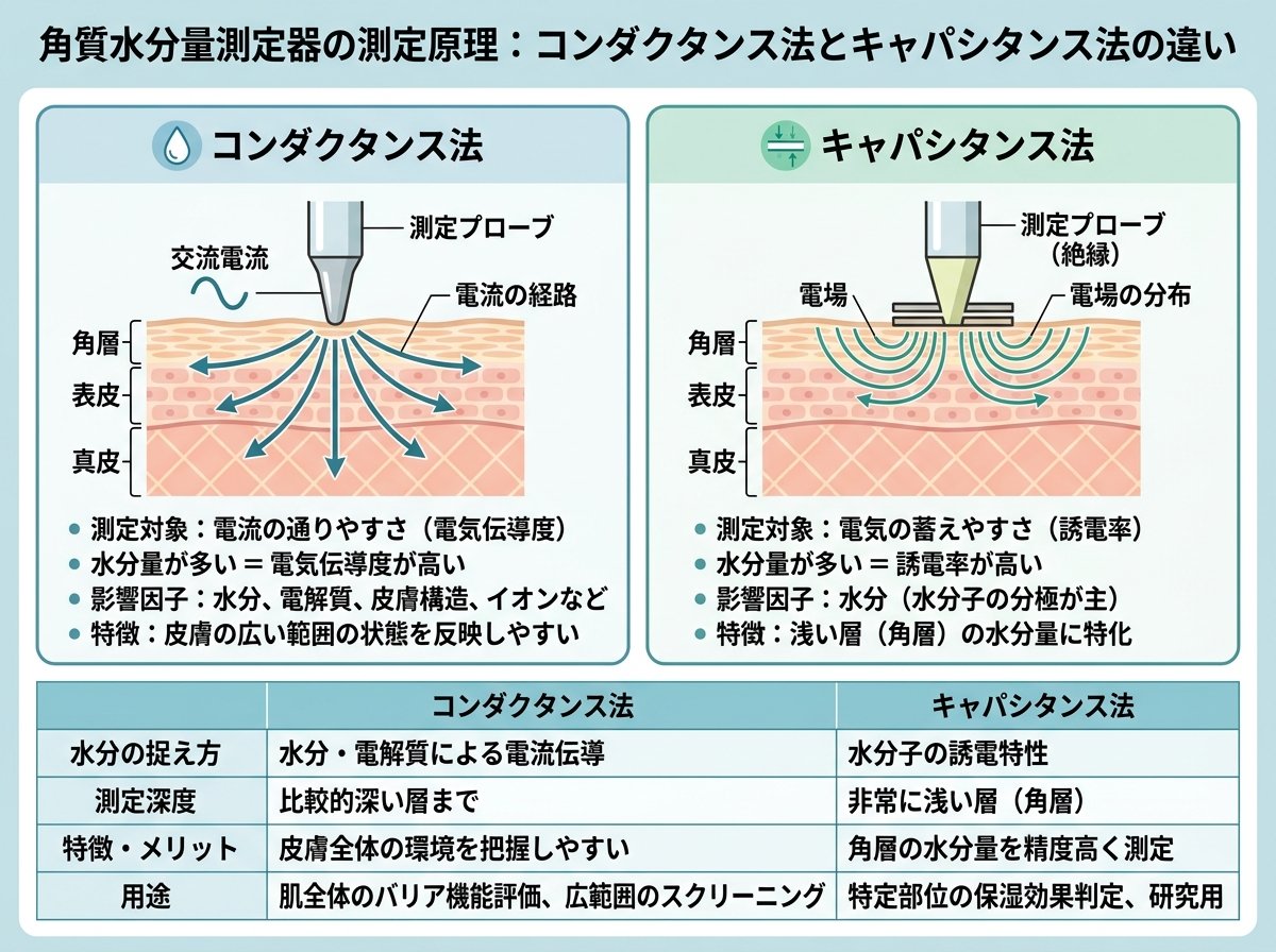 角質水分量測定器の測定原理：コンダクタンス法とキャパシタンス法の違い