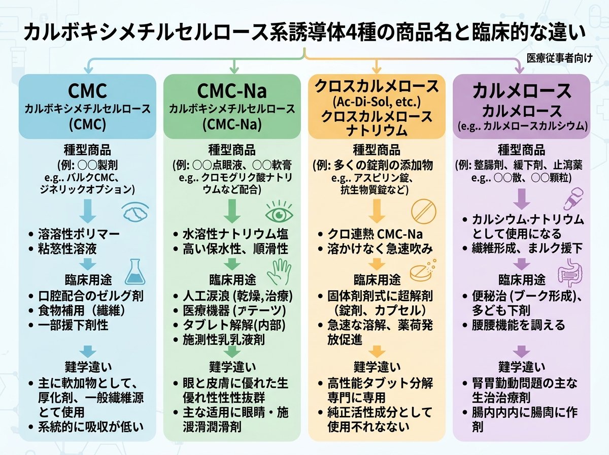カルボキシメチルセルロース系誘導体4種の商品名と臨床的な違い