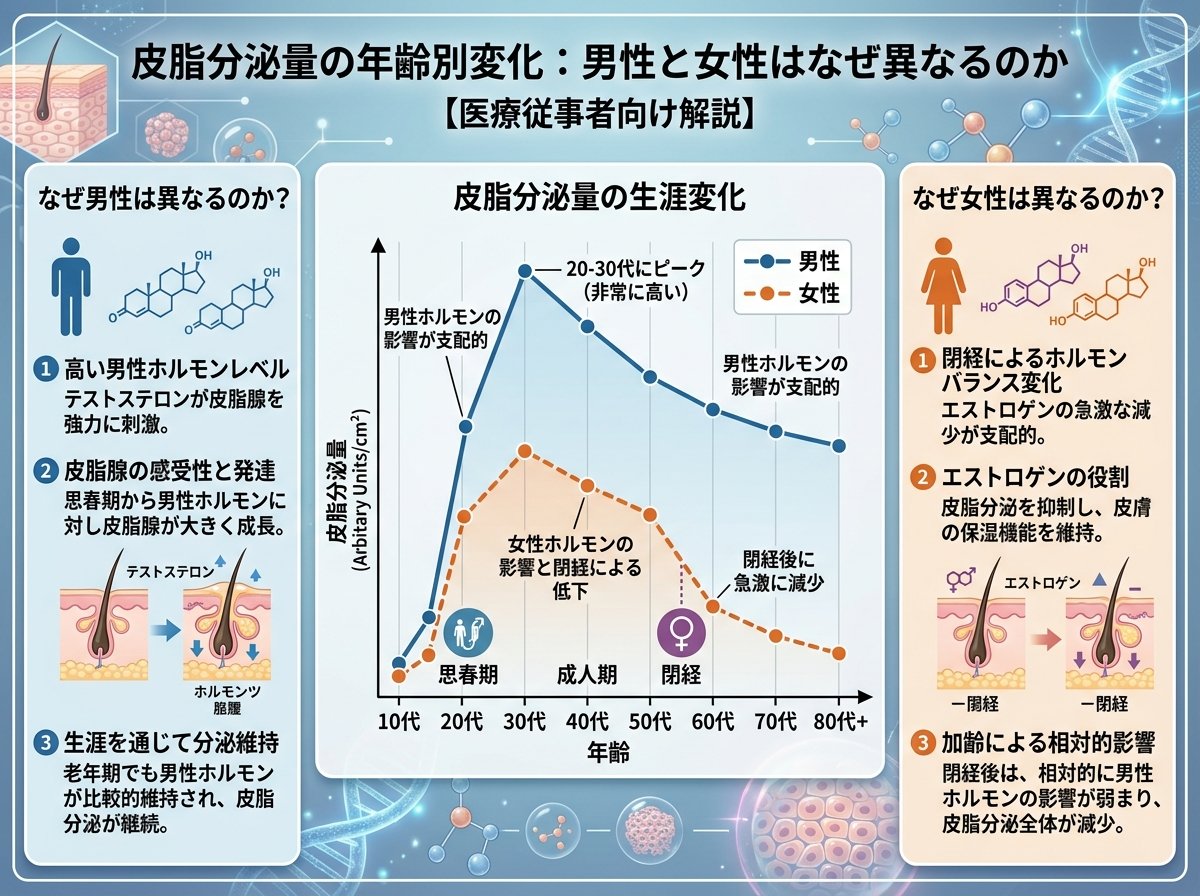皮脂分泌量の年齢別変化：男性と女性はなぜ異なるのか